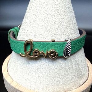 KEEP Collective Green Leather Single Band, Gold Love Slide Charm Bracelet